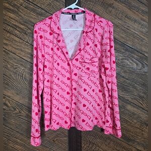 bebe Pink Heart Logo Super Soft Button Down Pajama Top Medium